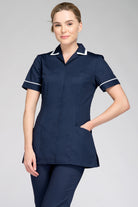 Nurses Uniform Tunic 401B with Concealed Buttons + Square Collar | NAVY/WHITE