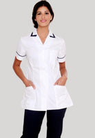 Nurses Uniform Tunic 401B with Concealed Buttons + Square Collar | WHITE/NAVY