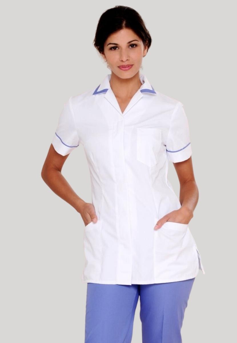 Nurses Uniform Tunic 401B with Concealed Buttons + Square Collar | WHITE/METRO