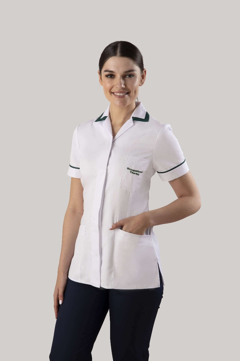 Occupational Therapy Tunic with logo Concealed Buttons and Square Collar | WHITE/BOTTLE GREEN