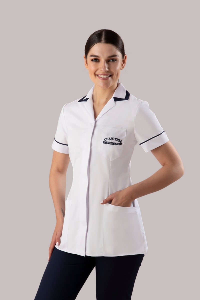 Physiotherapy Tunic with logo - Concealed Buttons + Square Collar | WHITE/NAVY