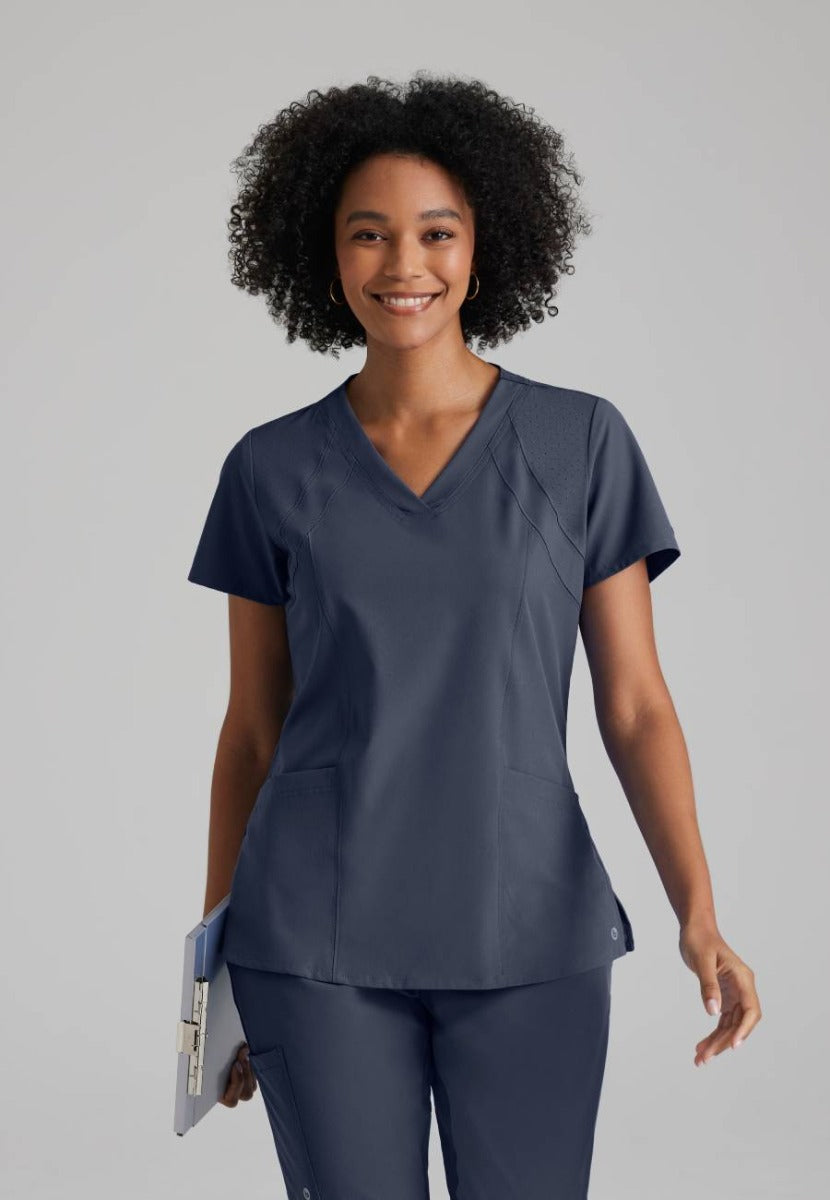 Barco One 4 Pocket V-Neck Perforated Panel Scrub Top | Steel