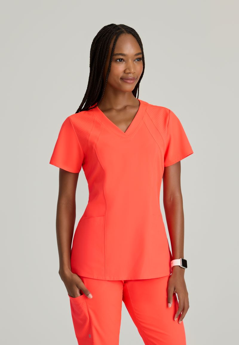 Barco One 4 Pocket V-Neck Perforated Panel Scrub Top | Neon Flame