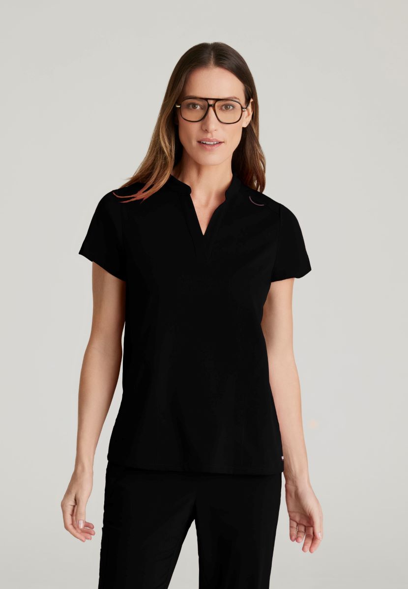 Grey's Anatomy Avery 2 Pocket Banded Collar Top | BLACK