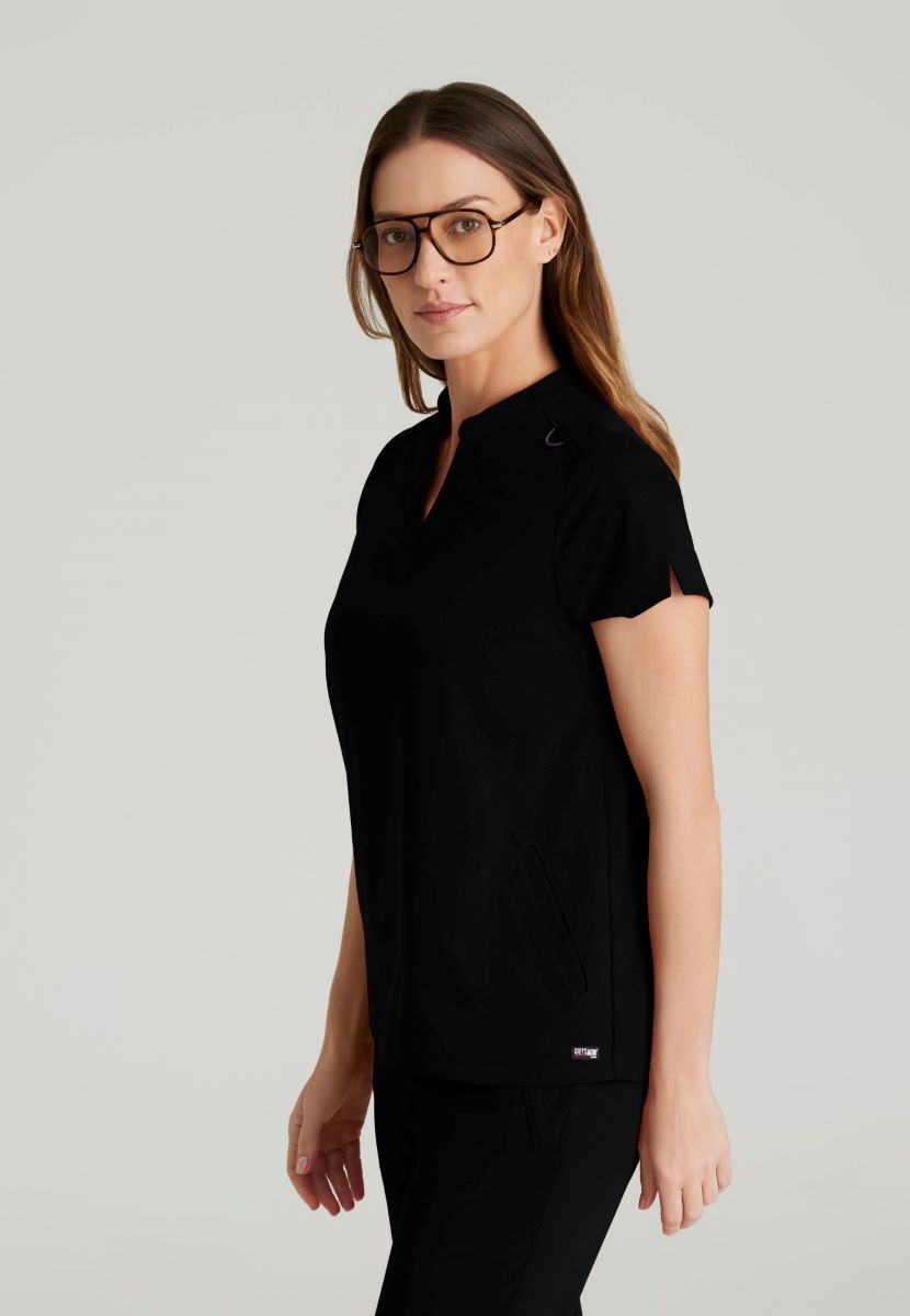 Grey's Anatomy Avery 2 Pocket Banded Collar Top | BLACK