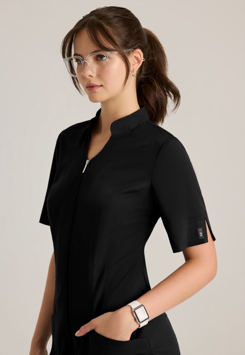 Grey's Anatomy Spandex Stretch Women's Sahar 2-Pocket Banded Collar Top | BLACK