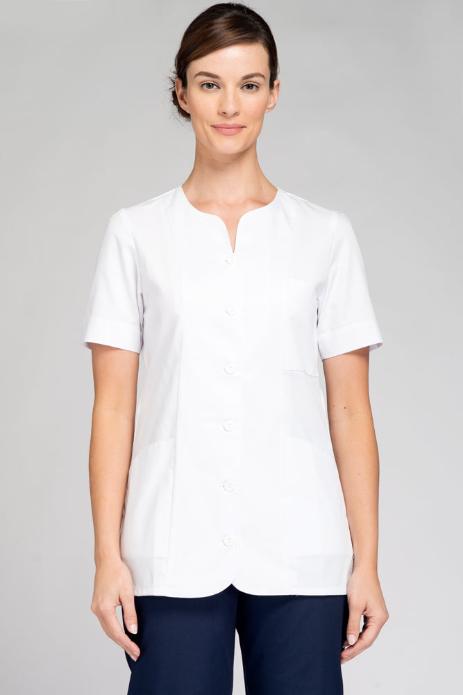 Nursing Uniform Tunic - PH1A Sweetheart Neckline + Button Front | WHITE