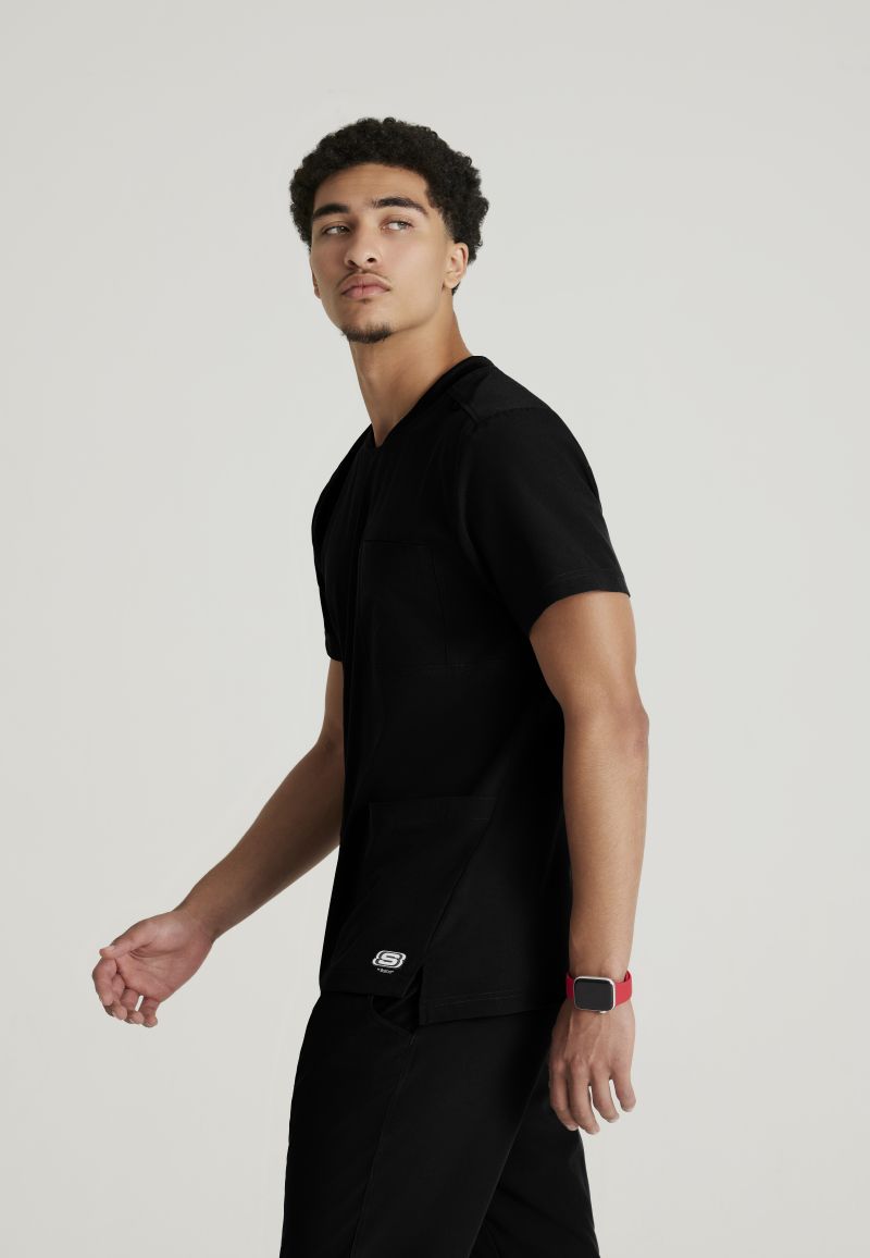 SKECHERS MALE THESIS THREE POCKET, ROUNDED NECKLINE SCRUB TOP | BLACK