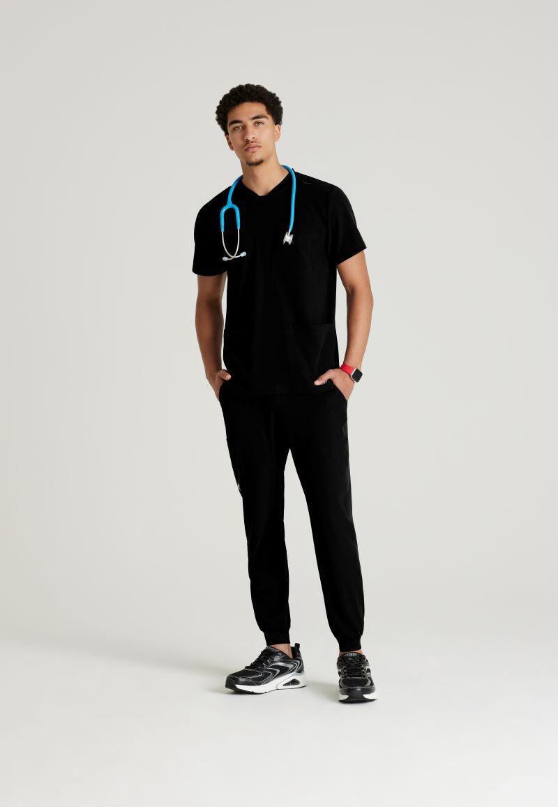 SKECHERS MALE THESIS THREE POCKET, ROUNDED NECKLINE SCRUB TOP | BLACK