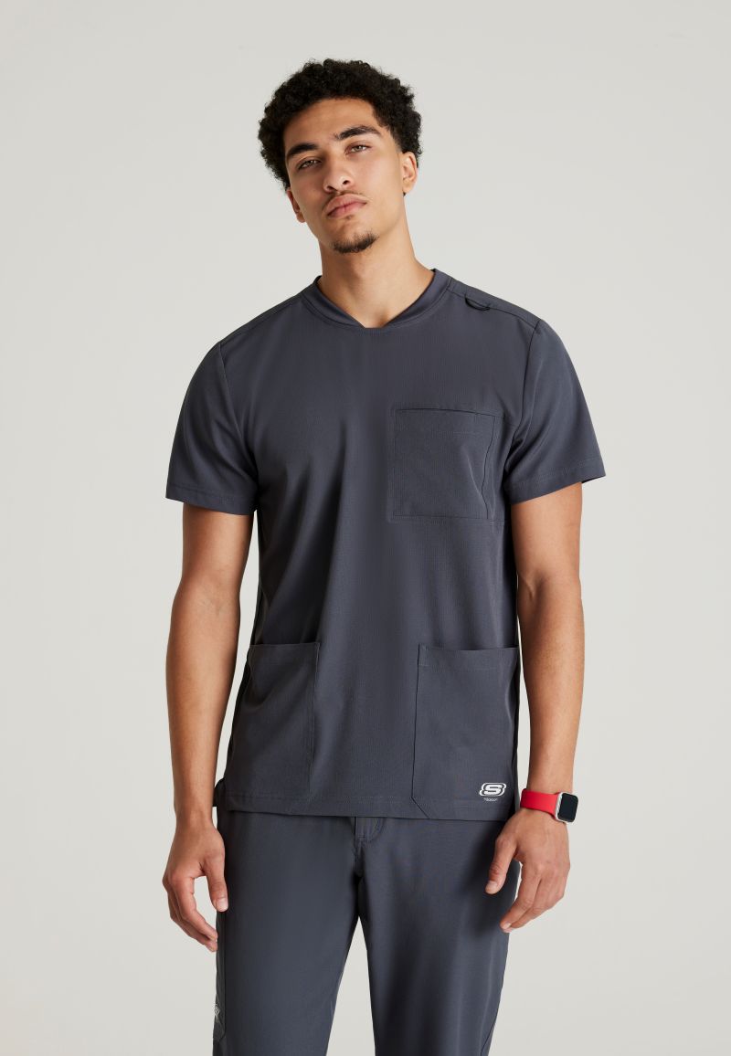 SKECHERS MALE THESIS THREE POCKET, ROUNDED NECKLINE SCRUB TOP | Pewter Grey