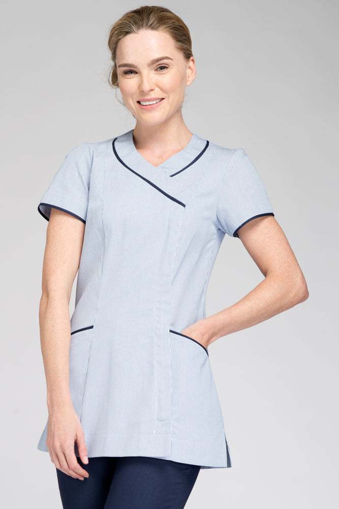 Nursing Uniform Tunic T1 Side Concealed Zip + 2 pockets | BLUE STRIPE/NAVY