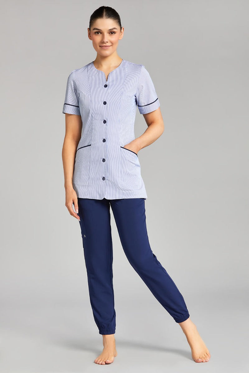 Nursing Uniform Tunic - PH1A Sweetheart Neckline + Button Front | BLUE STRIPE/NAVY