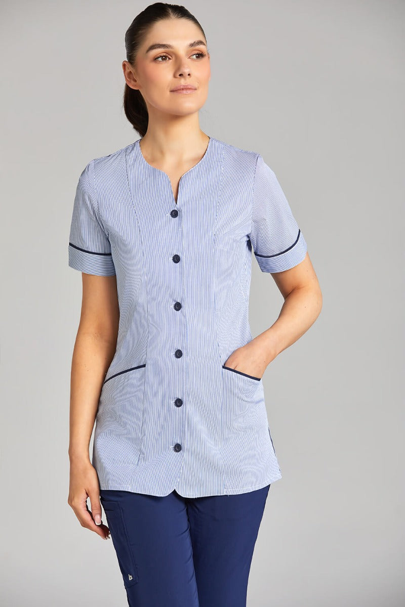 Nursing Uniform Tunic - PH1A Sweetheart Neckline + Button Front | BLUE STRIPE/NAVY