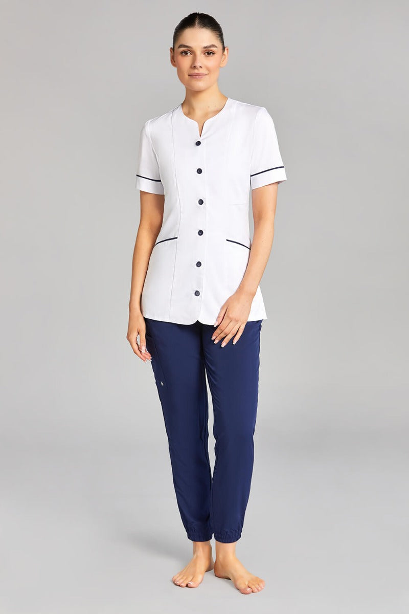 Nursing Uniform Tunic - PH1A Sweetheart Neckline + Button Front | WHITE/NAVY