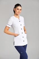 Nursing Uniform Tunic - PH1A Sweetheart Neckline + Button Front | WHITE/NAVY