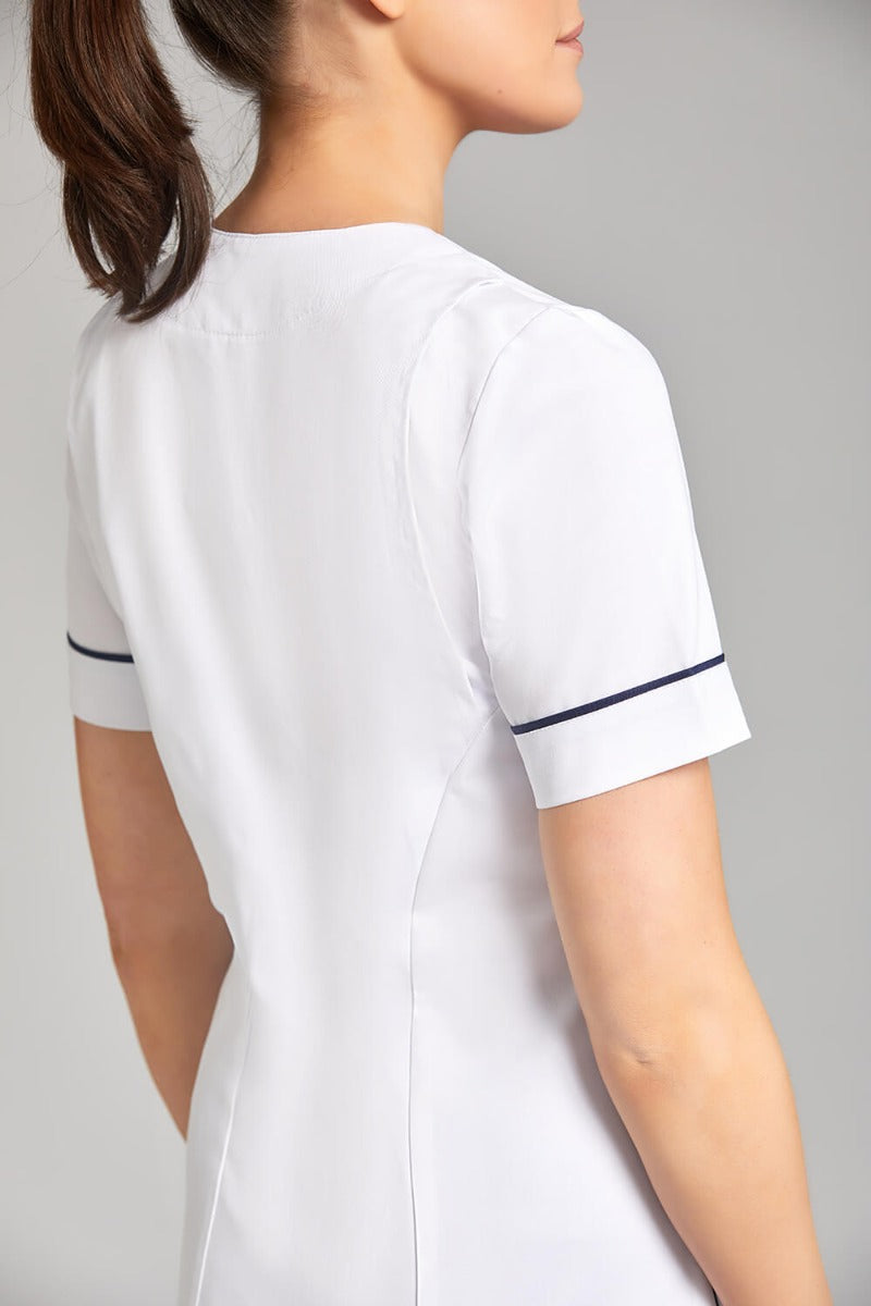 Nursing Uniform Tunic - PH1A Sweetheart Neckline + Button Front | WHITE/NAVY