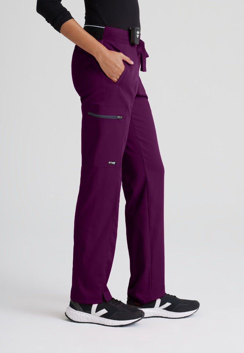 Greys Anatomy Kim 3 Pocket Elastic Back Waistband Zip-Pocket Pants | Wine