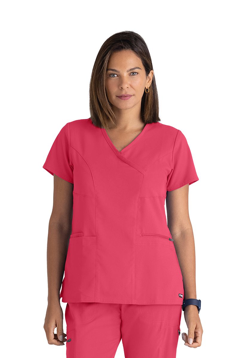 Greys Anatomy V-Neck Kim Top with Zip Front Pocket | Rose Splash