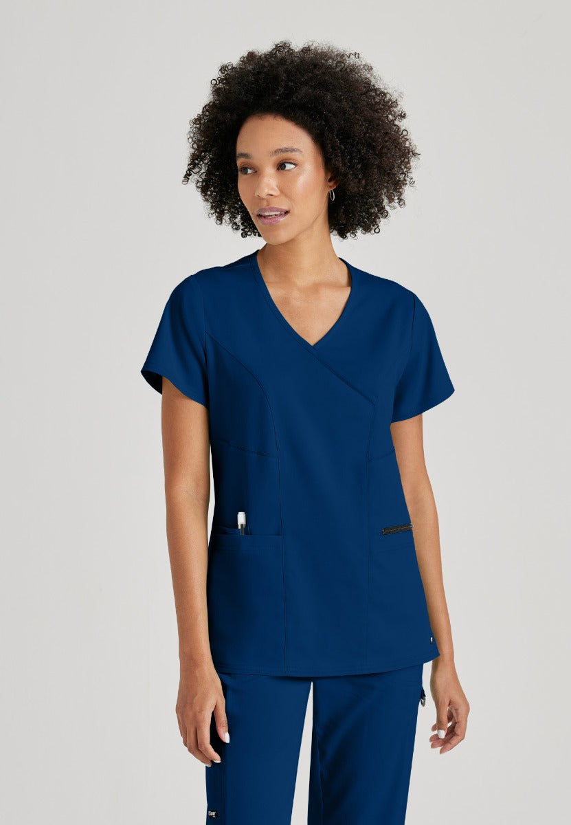 Greys Anatomy V-Neck Kim Top with Zip Front Pocket | NAVY