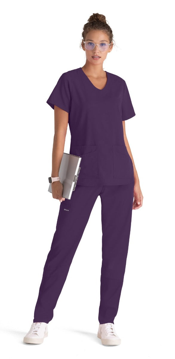 Greys Anatomy Emma 4 pocket, V-neck scrub top with angled seams | Eggplant