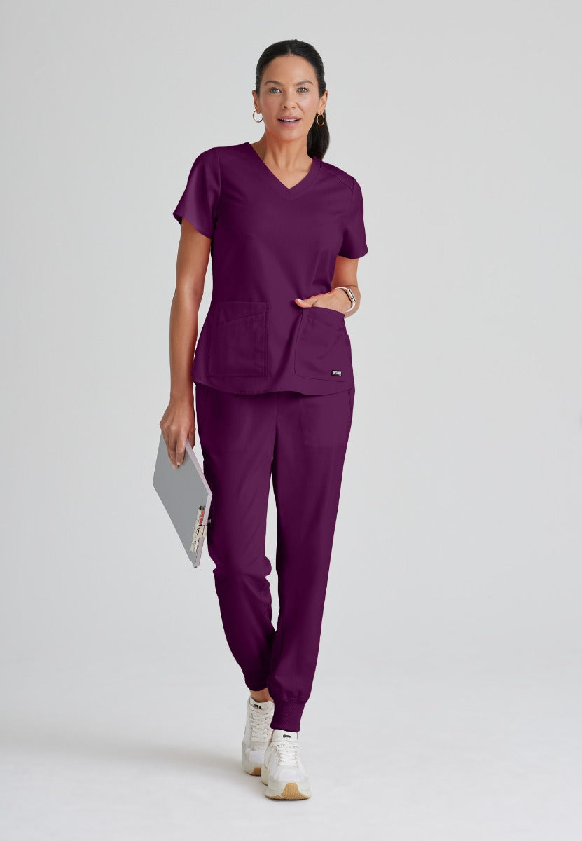 Greys Anatomy Emma 4 pocket, V-neck scrub top with angled seams | Wine