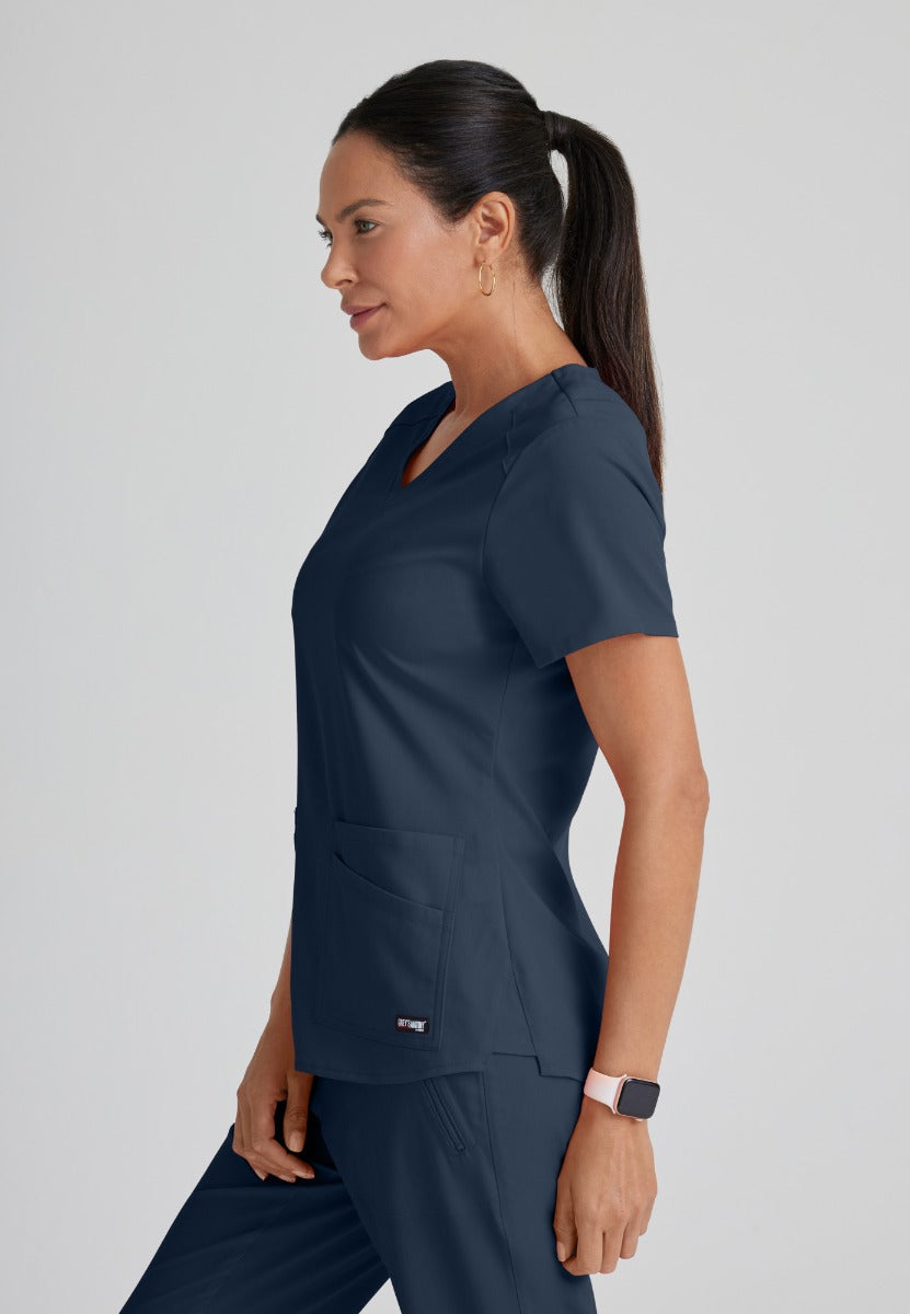 Greys Anatomy Emma 4 pocket, V-neck scrub top with angled seams | STEEL GREY