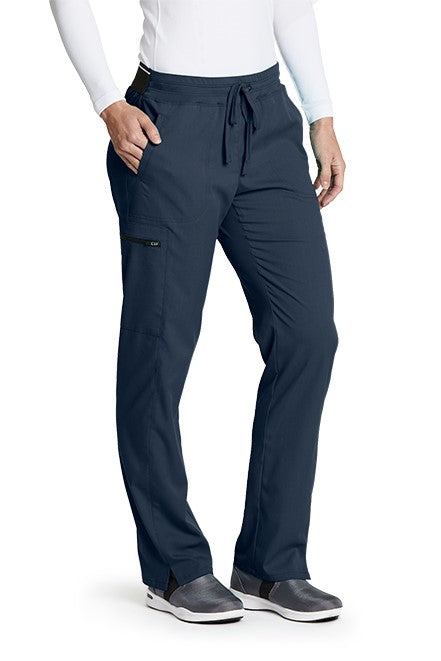 Greys Anatomy Kim 3 Pocket Elastic Back Waistband Zip-Pocket Pants PETITE (29") leg length  | Steel